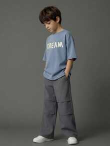 SHEIN Casuvi Kids 2pcs Tween Boy Letter Print Short Sleeve Top And Solid Color Pants Set - Multicolor - View 2