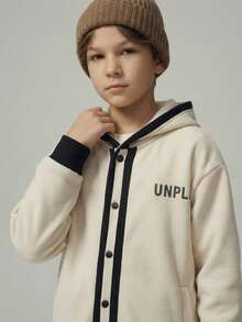 SHEIN Casuvi Kids 1 Set Teenage Boys Casual Minimalist Style Beige & Black Hoodie Sweatshirt With Black Pants, Regular Thickness, Everyday Wear, Autumn Fall Winter