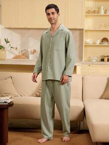 Velminro 男士纯色纽扣长袖上衣和裤子睡衣套装 - 綠色 - 查看 4