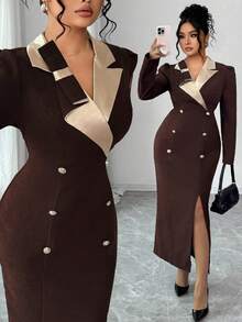 Elenzga Robe maxi à manches longues, col en V, blocs de couleurs, nœud papillon à la taille, fente haute, manches plissées, double boutonnage, en champagne. Élégante et polyvalente pour le travail. - Tabac - Voir 1