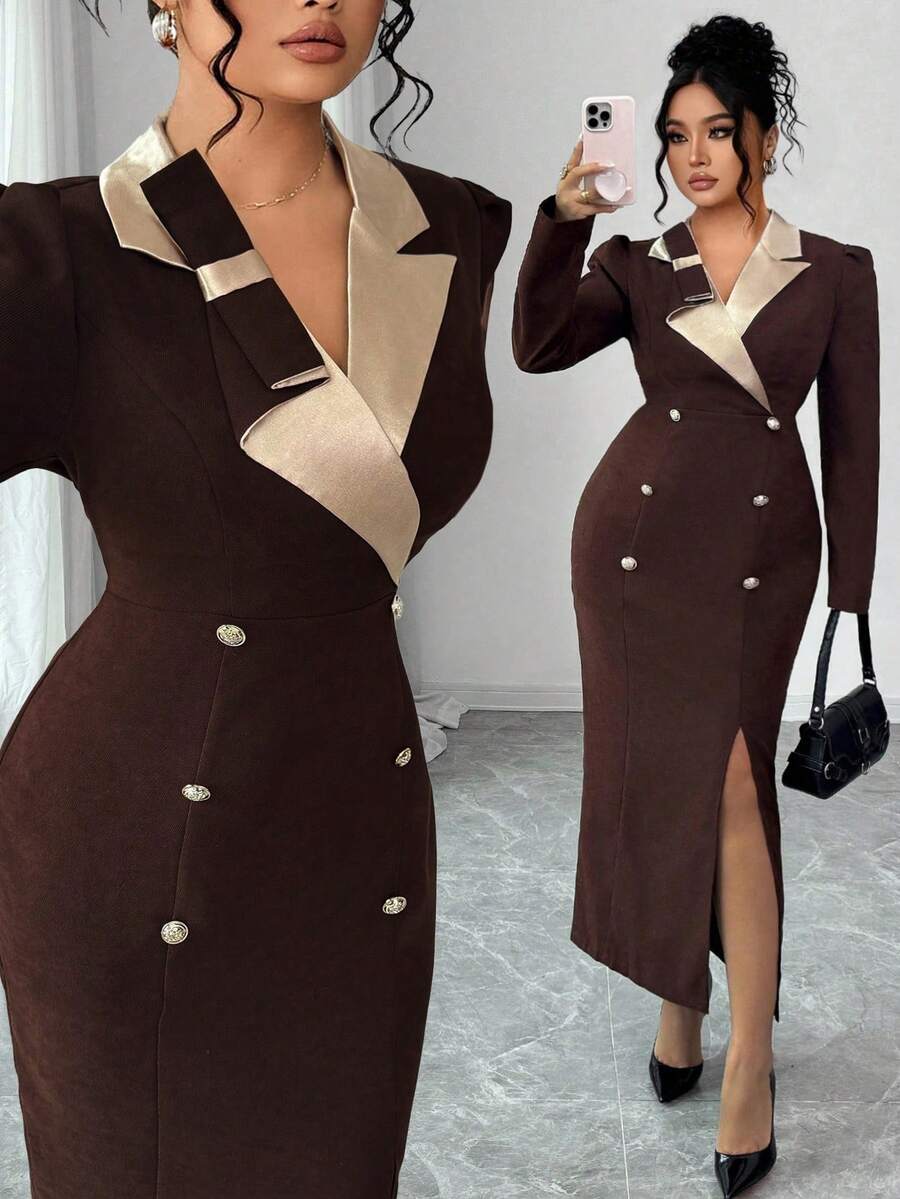 Elenzga Robe maxi à manches longues, col en V, blocs de couleurs, nœud papillon à la taille, fente haute, manches plissées, double boutonnage, en champagne. Élégante et polyvalente pour le travail. - Tabac - Voir 1