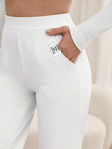 SHEIN Tall Women's Casual Everyday Office Commute Minimalist Letter Patch Pocket Loose Straight Leg Pants White Sweatpants Women White Pants White High Waisted Sweatpants Loungewear Women Sweats For Women Flared Sweatpants - White - View 6