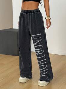 SHEIN EZwear Women's Elastic Waist Flared Leg Letter Print Pants - Black - View 3