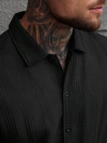 SLATEMANN 男士黑色条纹休闲短袖衬衫 男士黑色短袖衬衫 男士黑色短袖衬衫 男士纹理衬衫 男士黑色衬衫 - 黑色 - 查看 5