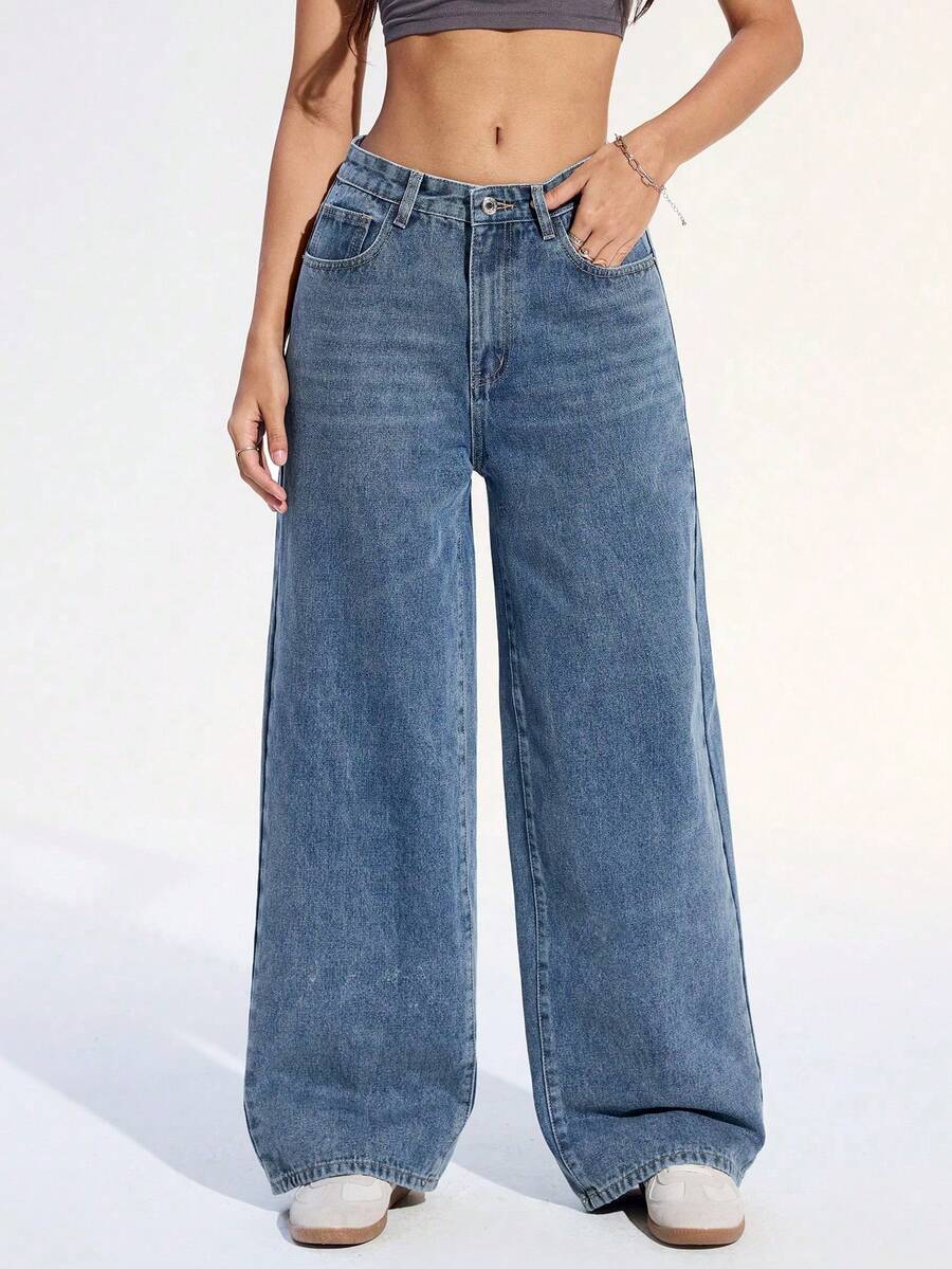 SHEIN ICON Celana Jeans Denim Kasual Longgar dengan Desain Saku Warna Polos - Biru - View 1