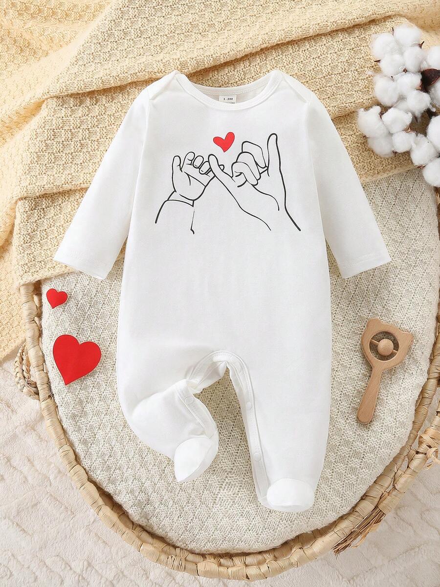 SHEIN Newborn Baby Simple English Letter Print Long Sleeve Footed Romper Jumpsuit, Black Background - White - View 1