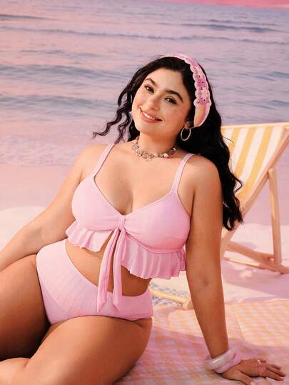 Swim Mod Plus Size Women Bow Decor Frill Trim Swimsuit Set, Sweet Vacation