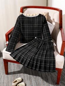SHEIN 这是一套女童套装，包含两件单品：一件适合少女的短款粗花呢外套和一条饰有蝴蝶结的裙子。非常适合秋季穿着。 - 黑色 - 查看 2