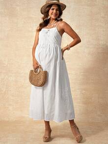 孕妇度假刺绣镂空流苏系带休闲吊带裙 - 白色 - 查看 6