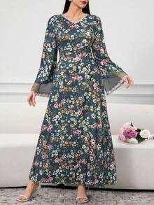 Al Najma Elegant Floral Print Patchwork Sheer Mesh Flare Sleeve Cinched Waist Robe, Resort Style, Spring/Autumn - Blue - View 7