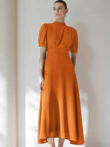 Aveloria Modichic Đầm chiffon thanh lịch dành cho nữ với thiết kế xếp ly ở phần ngực, tay áo kiểu công chúa, thắt eo, chân váy xòe, kiểu dáng tối giản và đa năng, phù hợp cho công sở, dài đến đầu gối. - trái cam - Xem 5