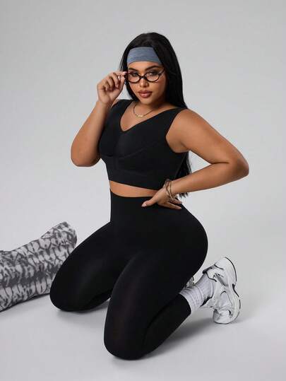 Rhythm Era Plus Size Women Summer Solid Color Sports Bra And Leggings Activewear Set