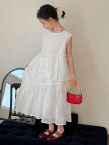 DAZY Tween Girls' Summer Casual Vacation Jacquard Sleeveless Ruffled Hem Dress - White - View 3