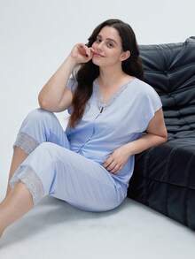 LUVLETTE Super Soft TENCEL™ Modal Lace Insert Long Women Airy Pajama Set Lounge Sets For Women Sky Blue Lingerie - Baby Blue - View 4