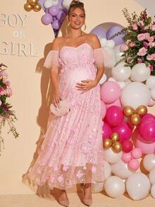 Loomaby Đầm dài trễ vai thời trang bà bầu cho tiệc mừng em bé sắp chào đời. - Hồng - Xem 3