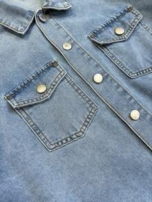 SHEIN 2Pcs Teen Boy Fashion Casual Y2k Vintage Cool Street Simple And Comfortable Blue Denim Short-Sleeved Shirt And Loose Comfortable Elastic Band Drawstring Design Denim Shorts For Kids Clothes Teen Boy Dailywear And Kids Spring And Summer Rave Outfits Festival And Outfits Streetwear Clothes - Blue - View 4