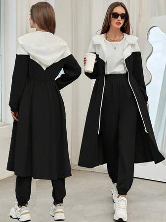 Mulvari Conjunto de 2 piezas de chaqueta con capucha y pantalones de bloques de color para mujer