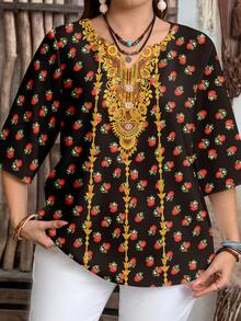 EMERY ROSE Áo kiểu dáng rộng rãi, lãng mạn, cổ chữ V in họa tiết hoa hồng, thích hợp mặc đi làm, mặc hàng ngày, mùa hè, ngày Valentine, hẹn hò, năm mới. - Nhiều màu - Xem 5