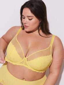 LUVLETTE Plus  Soft Woman Lingerie Lounge Curve Sheer Full Coverage Support&Breathable Underwire Sexy Unlined Minimizer Lace Elegance & Mesh Yellow Bra Bridal Intimates - Yellow - View 6
