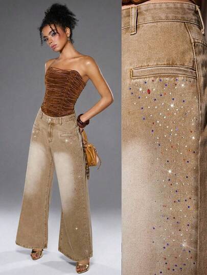 Y2Kool Women Casual Sexy Urban Chic Minimalist Fashion Women's Rhinestone Embellished Wide Leg Jeans, Suitable For Outings, Travel, Dates, Parties, Holidays Women Wide Leg Jeans Rhinestone Pants Brown Jeans Cowboy Pants For Women Western Pants Spring Women Y2K Carnival Sequin Pants, Icon Embellished Jeans Bling Jeans Rhinestone Wide Leg Pants