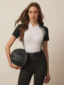 With My Calm Women's Color Block Raglan Sleeve Half-Zip Fitted Equestrian Sports Top - Short Sleeves - Multicolor - View 5