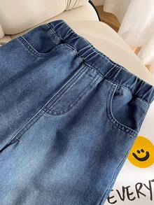 Tween Girls' Blue Denim Jeans With Glitter Hem, Loose Fit Bling Jeans Rhinestone Jeans Sparkly Jeans - Blue - View 3