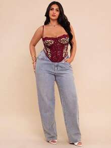 SHEIN BAE 大码女式豹纹蕾丝拼接吊带背心 - 酒紅色 - 查看 4