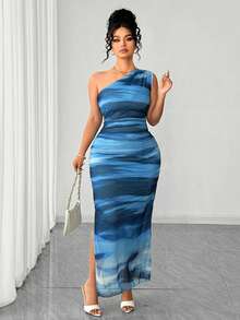 Elenzga Vestido midi feminino plus size com estampa tie-dye floral, decote assimétrico, modelagem justa, sem mangas e franzido. Ideal para primavera/verão, com um ombro só e detalhe franzido. Perfeito para festas, Dia dos Namorados, passeios, Dia das Mães, festivais de música e férias. - Azul - Ver 7