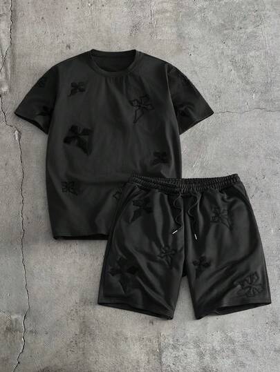 AXEPEAK Men's Graphic Applique Round Neck Short Sleeve T-Shirt And Drawstring Waist Shorts Set