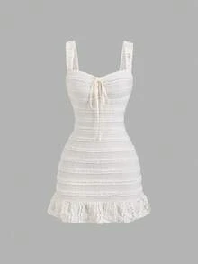 SHEIN PETITE Women's Summer Casual Vacation Style Knot Ruffle Hem Bodycon Mini Dress - Apricot - View 1