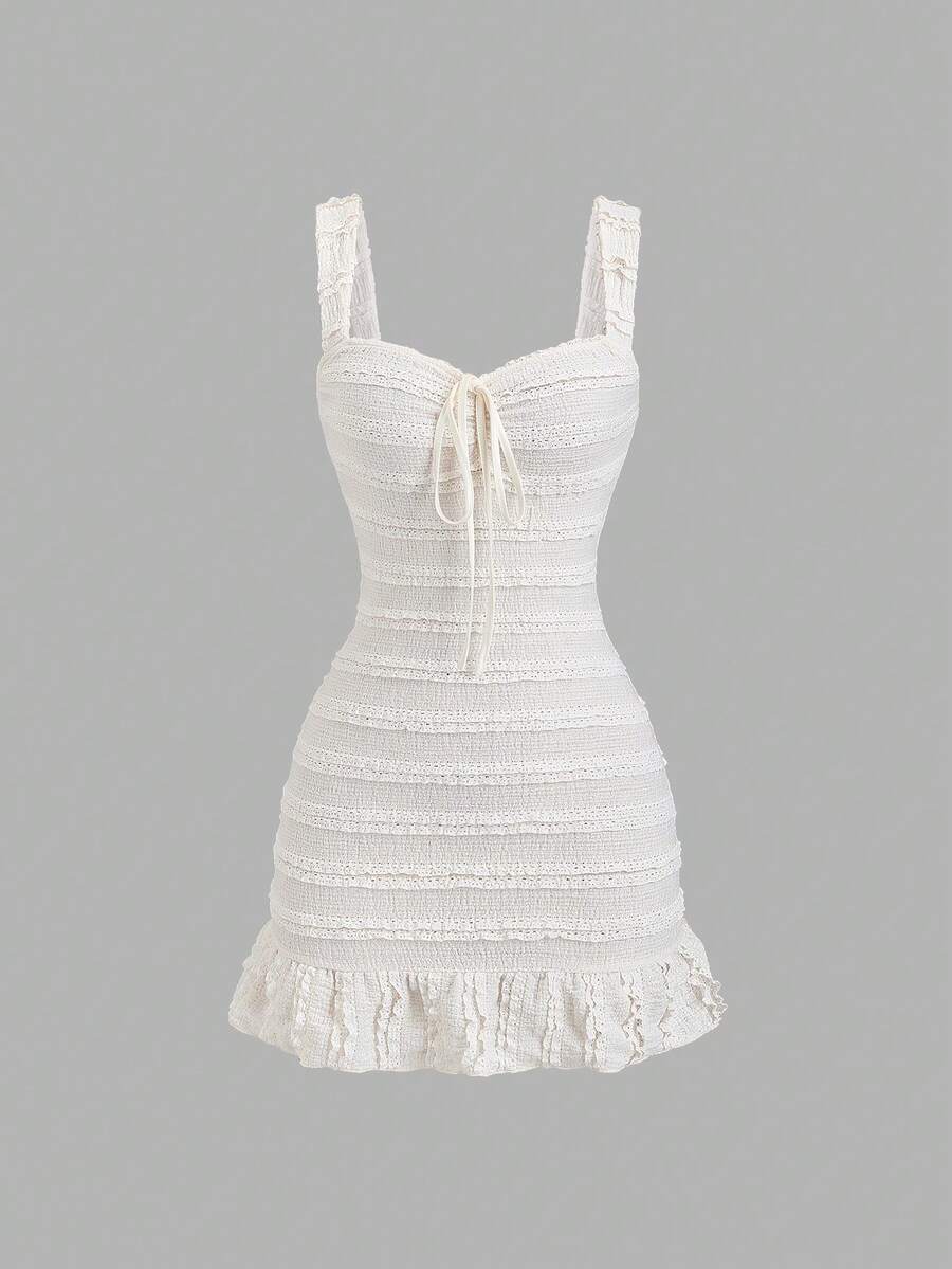 SHEIN PETITE Women's Summer Casual Vacation Style Knot Ruffle Hem Bodycon Mini Dress - Apricot - View 1