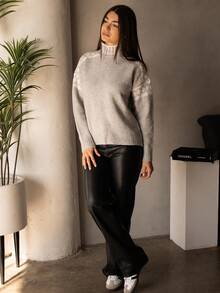 Andrea Bello Women's Geometric Pattern Stand Collar Drop Shoulder Long Sleeve Loose Casual Sweater, Autumn/Winter,Knitted Sweater - Apricot - View 3