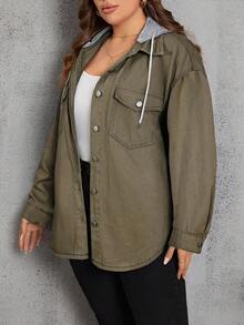 EMERY ROSE Plus Size Casual Washed Denim Jacket, Autumn - Army Green - View 7