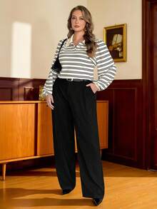 Vintamour Vintage Classic Elegant Women Polo Collar Striped Long Sleeve T-Shirt, Fitted Autumn/Winter - Apricot - View 5