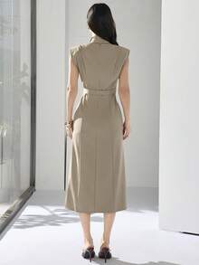 Heiryn New Design Asymmetrical Ribbon V-Neck Cinched Waist Elegant Commuter Dress - Khaki - View 6