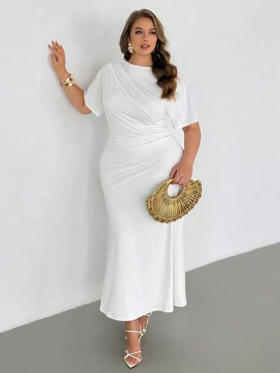 Auralis Plus Size White Ruched Waist Decor A-Line Dress, Elegant Office Commute Party Wedding Guest Dress, Suitable For Spring, Summer, Autumn/Summer Pleated Waist-Cinching Slimming Plus Size A-Line Skirt / White / Wedding Season / Bridesmaid Dress / Exquisite And Elegant / See-Through