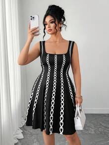 Elenzga Robe en tricot imprimée à encolure carrée pour grandes tailles, convenant pour le printemps/été, la rentrée scolaire, les vacances, la remise des diplômes, les fêtes, la Saint-Valentin, Noël, les festivals de musique, la Fête des mères, Halloween, Thanksgiving, Pâques, la Fête nationale, les danses, les sorties, les fêtes, les mariages, les activités de plein air - Multicolore - Voir 5