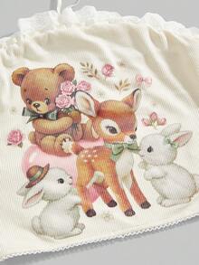 ROMWE Kawaii Women's Cute Retro Sweet Bear, Pony, Rabbit Print Lace Trim Bow Bandeau Top - Apricot - View 3