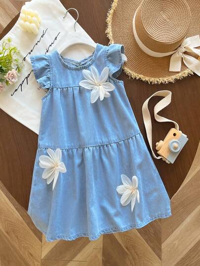 Genkimix Kids Vestido vaquero para niñas, nuevo vestido vaquero suelto de moda personalizado, dulce y retro con decoración floral azul desgastado, estilo casual y dulce para vacaciones