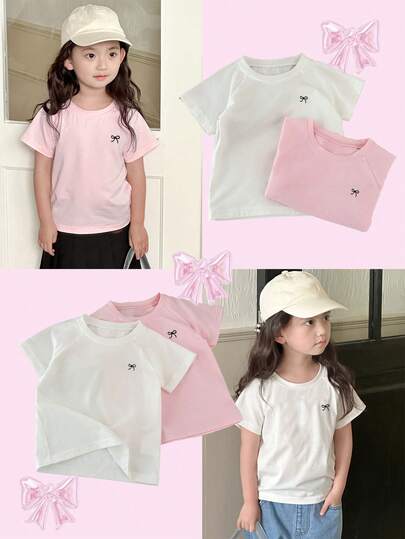 DAZY 2件/套 女童圆领针织蝴蝶结刺绣T恤
