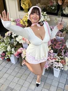 GalTyme 加大码女士性感荷叶边心形领长袖娃娃衫情人节 - 杏色 - 查看 6