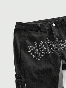 ROMWE MEN Street Life Quần jeans ống loe nam xếp lớp, họa tiết kim cương lấp lánh, phối màu tương phản. - màu đen - Xem 5