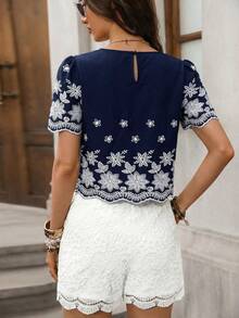 Solivie Women's Embroidered Round Neck Casual Blouse With Puff Sleeves, Spring/Summer - Navy Blue - View 2