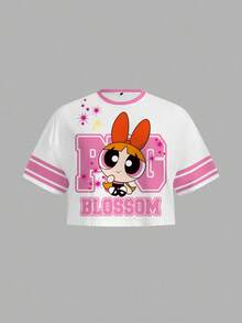 THE POWERPUFF GIRLS X SHEIN Plus Size Women Casual Everyday Commute Fashion Street Cartoon Letter Print Loose Fit T-Shirt - White - View 1