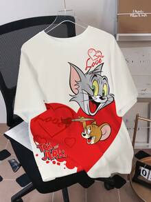 TOM & JERRY X SHEIN Men's Casual Cartoon & Heart Print Round Neck Short Sleeve T-Shirt, Summer