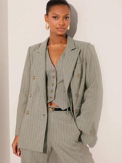 Lilora 女士条纹翻领双排扣西装外套和单排扣马甲休闲通勤套装