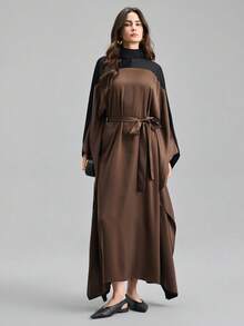 Ontre 2026 Spring/Summer New Brown & Black Contrast Belt Maxi Flare Dress, Suitable For Modern Urban Party, Back To School Season, Casual Minimalist Fashion, Bohemian Style, Vacation, Festivals, Spring, Valentine's Day & Carnival Outfits, Elegant Beach Party - Coffee - View 4