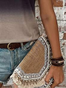 EMERY ROSE New Khaki Base Fashionable Casual Ombre Cap Sleeve Round Neck Women T-Shirt - Multicolor - View 3