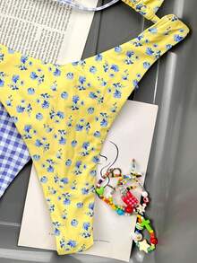 Swim Mod New Printed Spaghetti Strap High Cut Bikini Set Gingham Set Blue And Yellow Bikini Gingham Bikini Checkered Bikini Yellow Polka Dot Bikini - Multicolor - View 5