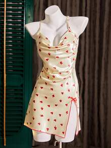 SilkySpell Women's Heart Print Thigh Slit Sexy Faux Silk Plunging Neck Slip Dress - Beige - View 8